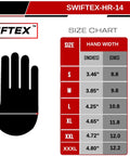 SWIFTEX-HR-14 size chart showing hand width measurements for various glove sizes including X Large.