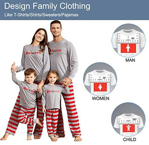 Family wearing matching gray tops and striped pants with 'Believe' text, displaying 9 Piece T Shirt Alignment Ruler Set for Easy Centering.