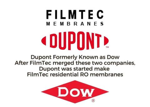 FilmTec membranes with Dupont and Dow logos, related to TW30-1812-100HR 100 GPD TFC High Rejection Membrane For Undersink RO System.