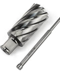 Annular cutter with 1-1/4 in cutting diameter and 2 in depth, plus 3/4 in Weldon shank and pilot pin for magnetic drill press