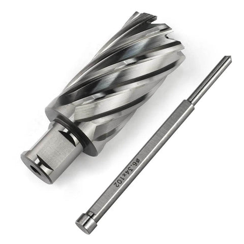 Annular cutter with 1-1/4 in cutting diameter and 2 in depth, plus 3/4 in Weldon shank and pilot pin for magnetic drill press
