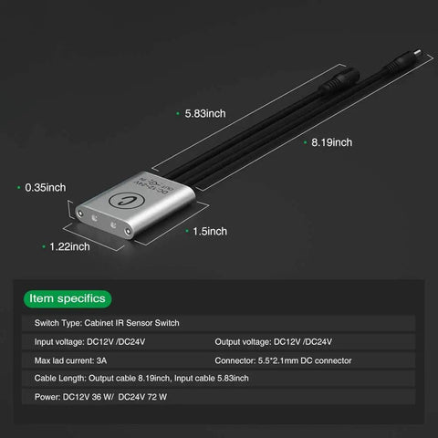 Smart Auto On Off Cabinet Light Sensor Switch For 12V 24V DC LED Lights IR Switch, shown with specifications and dimensions