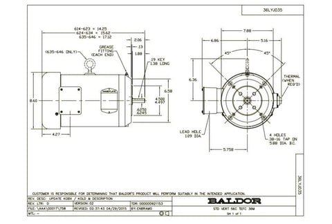 Technical drawing of 3 HP 3-Phase TEFC motor VEM3561, 1,760 RPM, Frame 56C, 230/460V 60 Hz showing dimensions and specifications.