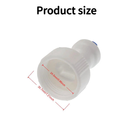 Two Pack Three Quarter Inch FNPT To One Quarter Inch OD Quick Connect Fittings Garden Hose Adapter Plastic Push To Connect For RO Water Purifier And Irrigation Systems No Fuss Easy Install. Image shows product size.