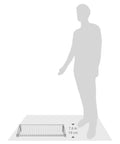 Configurable Titanium Shoe Shelf Set For Floating Shelves And Easy Shoe Organization At Home Laundry Bathroom Mudroom Pantry And Linen Closet Holds 6 To 8 Pairs On Two 26-Inch Angled Shelves Or A 48-Inch Shelf Includes Mounting Hardware shown with height comparison to human silhouette.