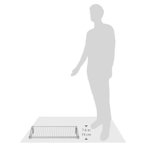Configurable Titanium Shoe Shelf Set For Floating Shelves And Easy Shoe Organization At Home Laundry Bathroom Mudroom Pantry And Linen Closet Holds 6 To 8 Pairs On Two 26-Inch Angled Shelves Or A 48-Inch Shelf Includes Mounting Hardware shown with height comparison to human silhouette.