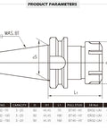 Technical diagram of Four Piece Precision Balanced BT40 ER32 Tool Holder Set With G2.5 25000 RPM showing dimensions and components
