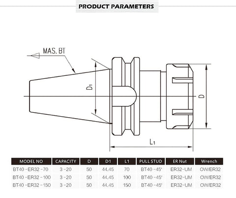 Technical diagram of Four Piece Precision Balanced BT40 ER32 Tool Holder Set With G2.5 25000 RPM showing dimensions and components