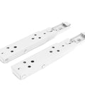 Two white folding shelf bracket two pack spring loaded wall mounted shelf support in cold rolled steel heavy duty, side view.