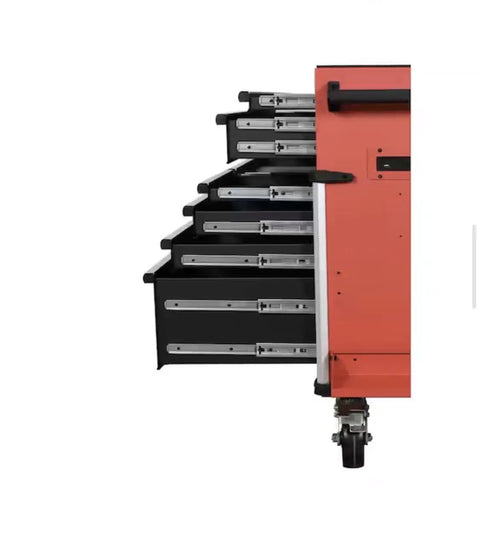 Shop Workhorse 10 Drawer Rolling Tool Chest Cabinet With Slick Roll Casters And 56 Inch Wide Steel Build side view showing multiple drawers and casters.