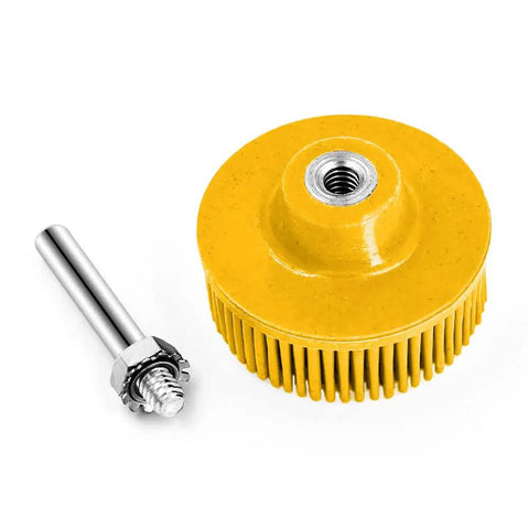Yellow bristle disc with metal shank from Six Pack Two Inch Bristle Disc Set With One Quarter Inch Shank Grit 50 80 120 For Metal Deburring