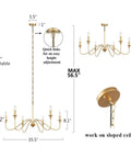 Diagram of 6 Light Gold Finish Chandelier, Vintage Candle Style Farmhouse Ceiling Light For Dining Room with adjustable height