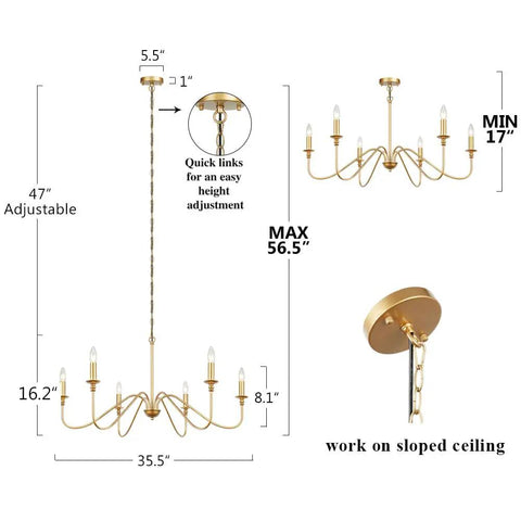 Diagram of 6 Light Gold Finish Chandelier, Vintage Candle Style Farmhouse Ceiling Light For Dining Room with adjustable height