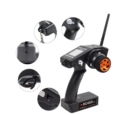 RC4GS V3 2.4G 5 Channel RC Transmitter And Receiver With Built In Gyro for crawler trucks cars and boats, showing controls and antenna.