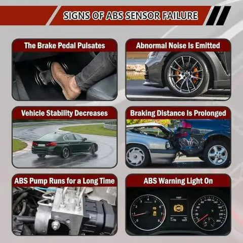 Signs of ABS sensor failure including pulsing brake pedal, abnormal noise, and warning lights.