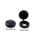 Multi-Function Hinged Screw Cover Caps Set For Self-Tapping Screws, Decorative Black Caps, dimensions shown, ABS Plastic