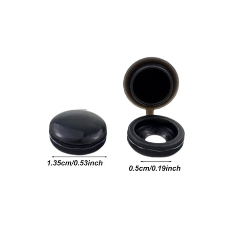 Multi-Function Hinged Screw Cover Caps Set For Self-Tapping Screws, Decorative Black Caps, dimensions shown, ABS Plastic