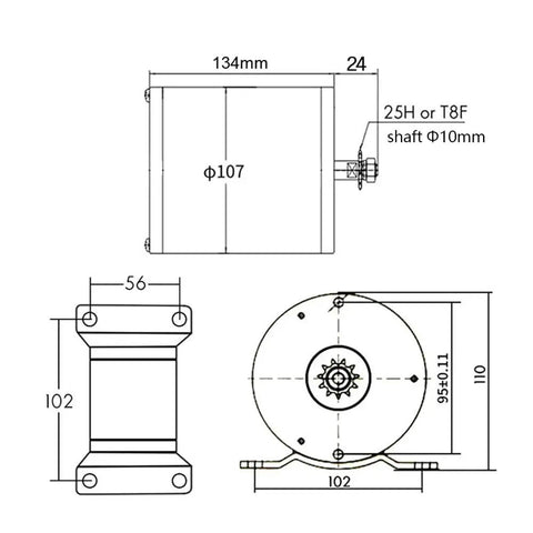 Technical diagram of Beefy 800W Brushed Motor Kit For Electric Bikes Scooters Skateboards And Trikes 36V System with dimensions