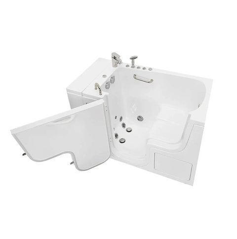 Roll Right Into Knockout Comfort With This 30X52 Wheelchair Accessible Transfer Walk In Tub featuring hydro microbubble jets and L door entry.