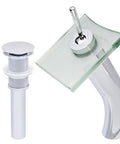 Squared Single Lever Waterfall Vessel Faucet With Pop Up Drain In Chrome Clear Glass Finish, showing deck mount and spout detail