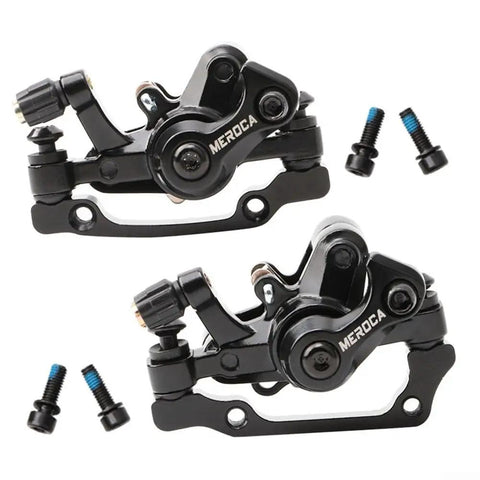 Heavy Duty Mechanical Disc Brake Caliper Front And Rear Kit With Solid Metal Pads For Mountain Folding And Road Bikes features two black calipers with screws.