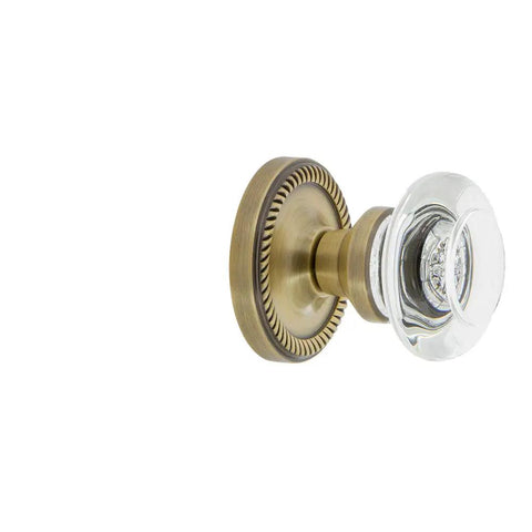 Rope Rosette Door Knob Set With Round Clear Crystal Glass Knobs Privacy Lock Ideal For Bathrooms And Bedrooms Two And Three Quarters Backset Antique Brass Finish Solid Forged Brass Rosettes Classic Old School Restoration Look in side view