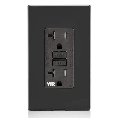 Self Test Smartlockpro Slim GFCI Receptacle With Bright LED Light Built Like A Tank Weather Resistant Tamper Proof Top Shelf Heavy Duty Design 20 Amp Ground Fault Protector Black 10 Pack showing front view with reset and test buttons.