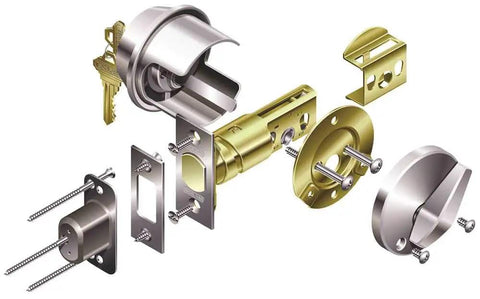 Exploded view of Pro Grade Commercial Grade 2 Single Cylinder Deadbolt With C Keyway Satin Chrome Finish for 1-3/8 to 1-7/8 doors