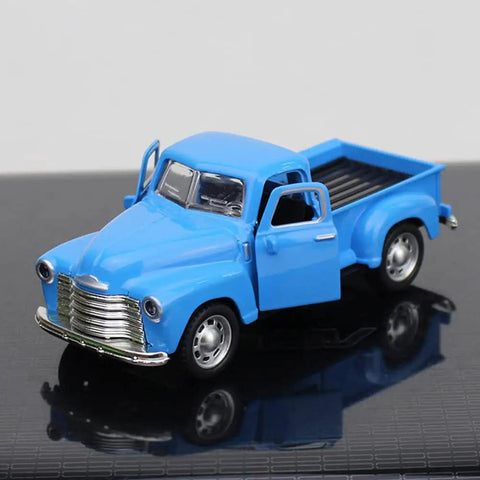 Retro Metal Classic Cars Die Cast Old School Pickup Truck Figurine in Blue Vintage Alloy Mini Car Model with open door detail