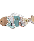 Decorative fish-shaped coat hook organizer, colorful wooden design with multiple hooks for entryway use.