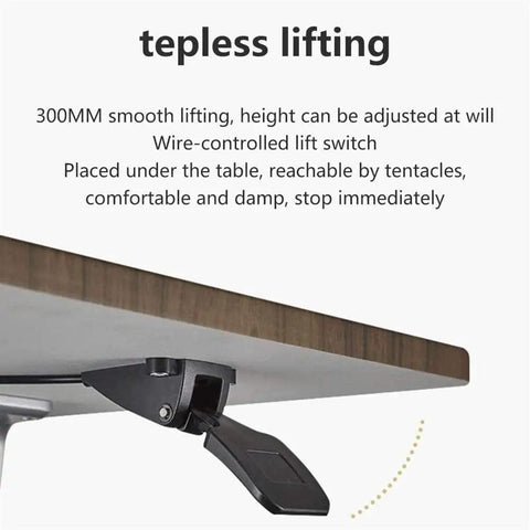 Game Changer Height Adjustable Standing Desk With Silky Gas Lift And Ultra Quiet Lockable Rubber Wheels showing 300mm wire-controlled lift switch.