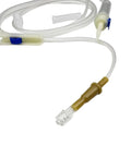 IV extension set with clear tubing and Luer-lock connector; blue flow regulator, sterile packaging visible