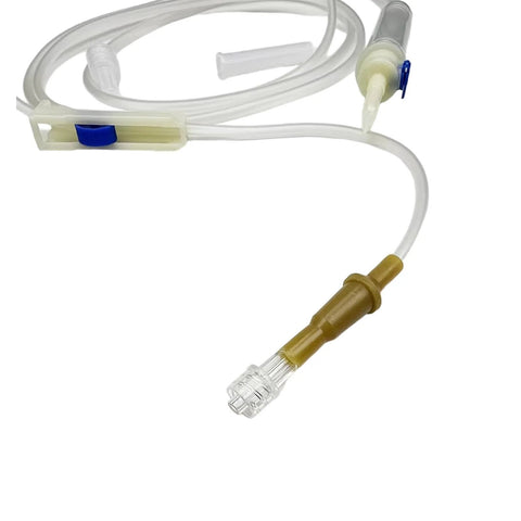 IV extension set with clear tubing and Luer-lock connector; blue flow regulator, sterile packaging visible