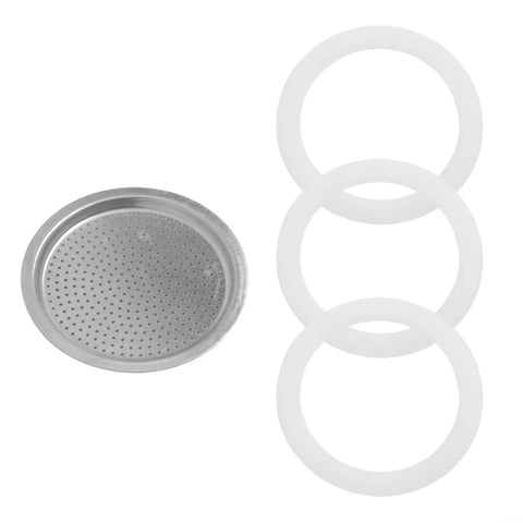 3 Silicone Gaskets and 1 Aluminum Mesh Filter for Moka Pot Replacement Set for 2 to 12 Cup Espresso Coffee Makers, side view