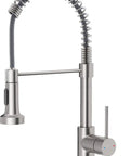 Straight Up Commercial Spring Kitchen Faucet With Pull Down Sprayer In Brushed Nickel showcasing dual spray modes and sleek design.