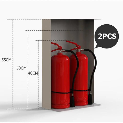 Heavy Duty Stainless Steel Fire Extinguisher Cabinet Built Different For Indoor Outdoor Wall Mount showing two red extinguishers.