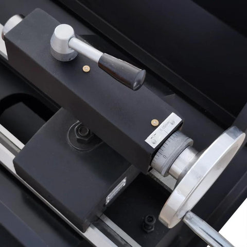 TechTONGDA metal lathe bench-top with geared head; black body, silver handwheel and dial