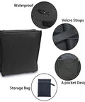 Waterproof 210D Patio Cooler Cart Cover Fits 33W X 19D X 31H For 80 Qt Rolling Coolers, showing details like waterproof material, velcro straps, storage bag, and pocket design.