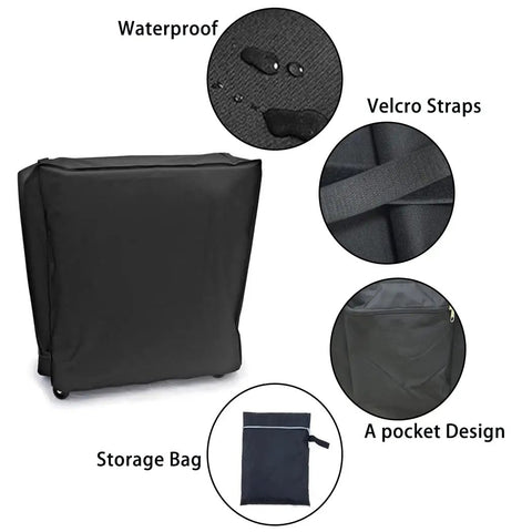 Waterproof 210D Patio Cooler Cart Cover Fits 33W X 19D X 31H For 80 Qt Rolling Coolers, showing details like waterproof material, velcro straps, storage bag, and pocket design.
