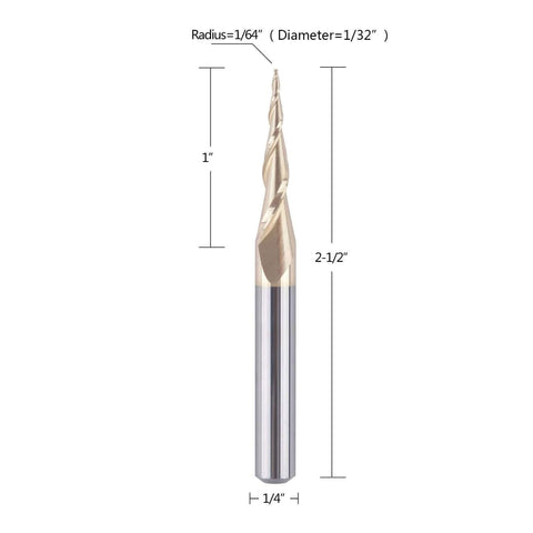 SpeTool tapered ball-nose end mill, 1/4 inch shank, 1/64 inch radius, ZrN coated, side view