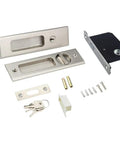 6.3 Inch Privacy Pocket Door Lock with Key Recessed Sliding Door Mortise Lock set, copper core cylinder and zinc alloy panel in silver finish.