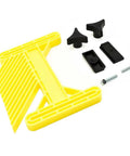 Pro Grade T Track Featherboard with yellow body and black knobs for table saw and router table use, 19 to 22 mm rail size.