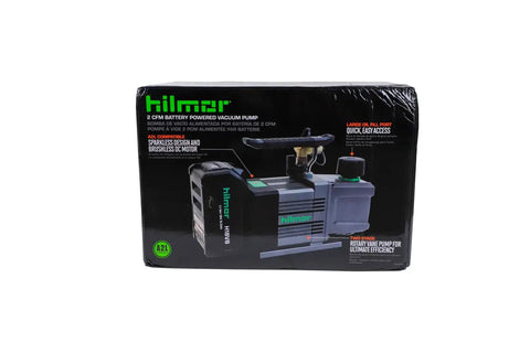 Heavy Duty 18 Volt Cordless Vacuum Pump Slick 2 CFM Workhorse For HVAC Pros packaging with specifications and design details.