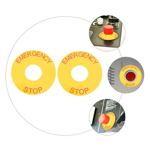 Emergency Stop Sign Decal Set For Machinery Safety Labels Bright Yellow With Red Text shown with decals installed on machines