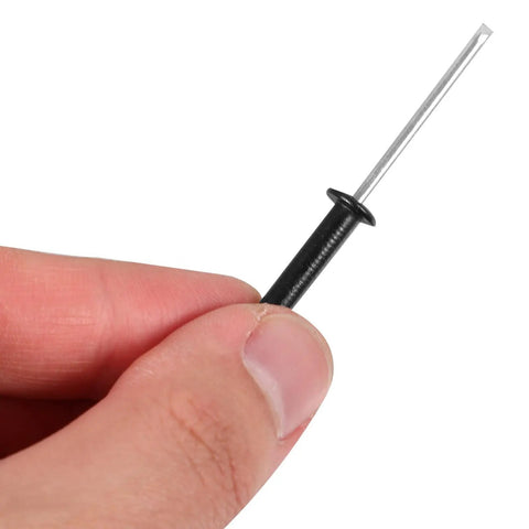 Close-up of a hand holding a black aluminum round head blind rivet with large flange from 50 Pieces M4x25 kit for DIY projects