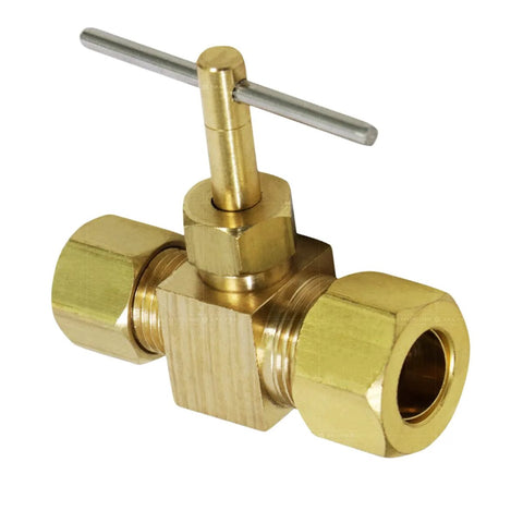 Angled front view of brass lead-free 1/4 in compression straight needle valve with T-handle.