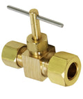 Brass 3/8-inch compression needle valve with T-handle and compression fittings on both ends.