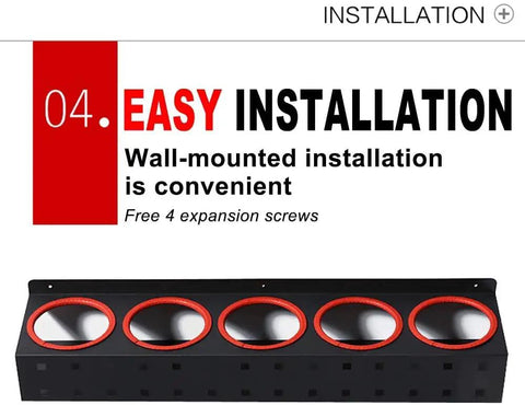 Spray Bottle Wall Mount Rack For Auto Detailing And Shop Use, Heavy Duty Steel Rail Shelf Organizer, Black and Red Finish