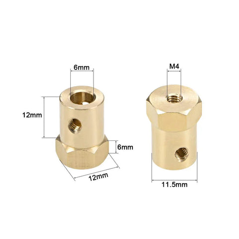 Two pieces of 6Mm Hex Brass Shaft Coupler Connector for RC Motors and Model Shafts with dimensions labeled