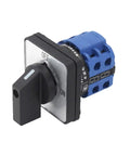 Universal Changeover Power Transfer Switch, 2 Position 8 Terminal Rotary Cam Selector, front view, black handle, blue insulated housing